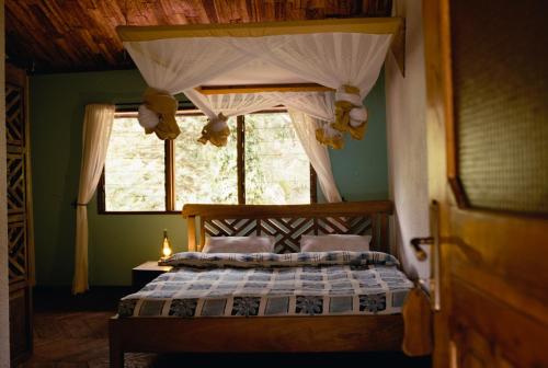 阿鲁沙Sanna Eco Lodge的一间卧室配有一张带天蓬和窗户的床