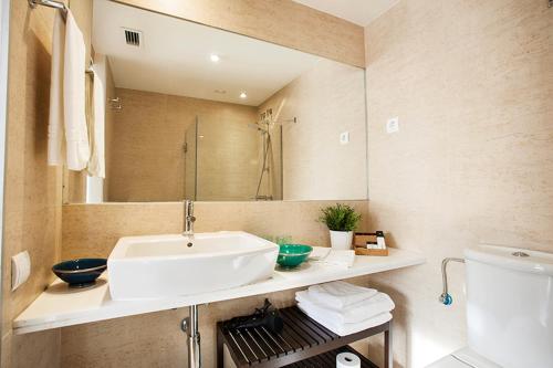 巴塞罗那杜莱特兰布拉玛公寓的一间带水槽、卫生间和镜子的浴室