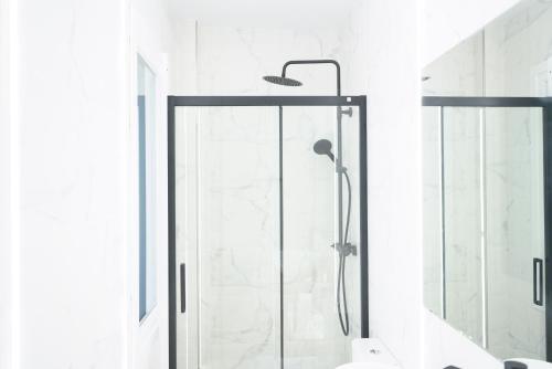 布尔戈斯APARTAMENTOS LA FLORA BURGOS todos con aire acondicionado y ascensor的浴室里设有玻璃门淋浴