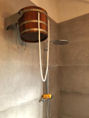 OpglabbeekWelness gastenverblijf Carpe Diem的带淋浴的浴室和木灯
