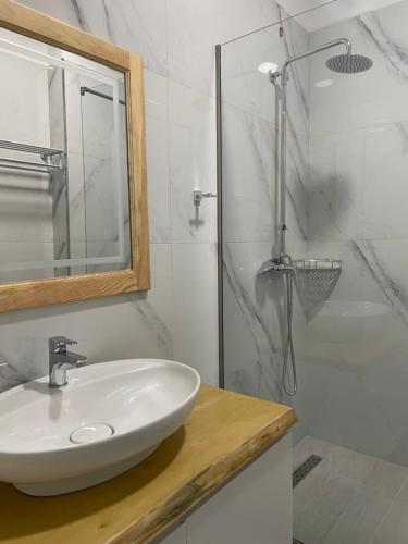 格勒姆Adria Hotel的白色的浴室设有水槽和淋浴。