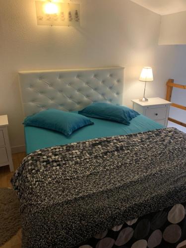 波尔多Appartements Victor et Hugo的一间卧室配有一张带蓝色枕头的大床