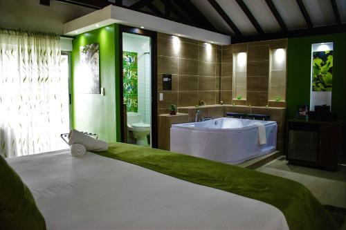 圣罗莎德卡瓦尔Hotel Jade Spa的一间带大浴缸和大水槽的浴室
