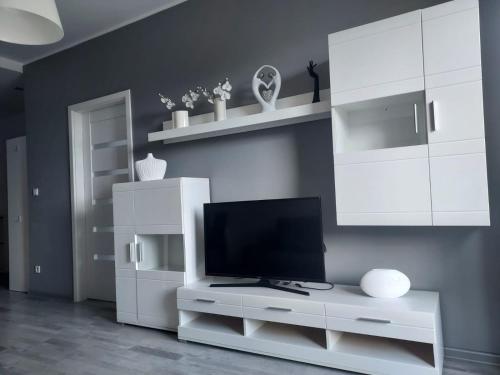 卡托维兹Modern Apartment - Francuska Park的一间客厅,客厅的白色橱柜上配有电视