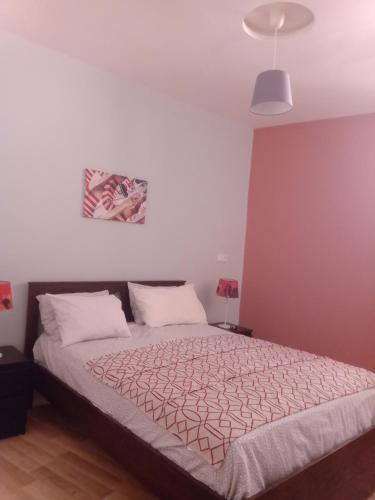 TaourirtFrench Apartment With restaurant的卧室配有一张床,墙上挂有绘画作品