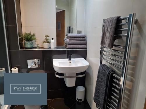 谢菲尔德City Centre 2 Bedroomed Apartment - Great views - wifi的浴室配有盥洗盆、镜子和毛巾