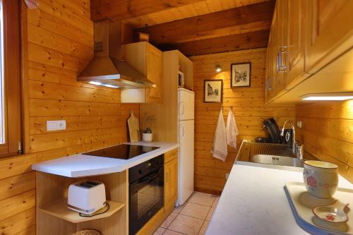 SoultzerenChalet Anemone的厨房设有木墙、炉灶和水槽。