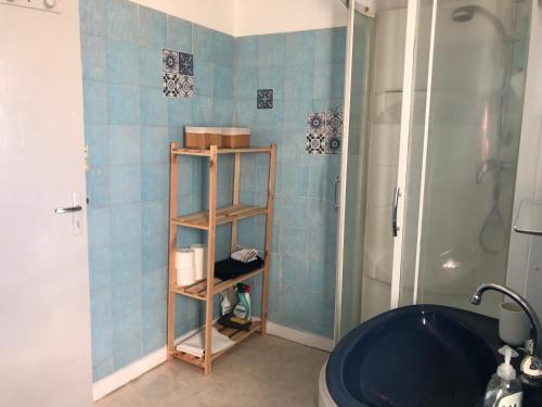 JurançonPetite maison avec terrasse的带淋浴的浴室和蓝色瓷砖墙