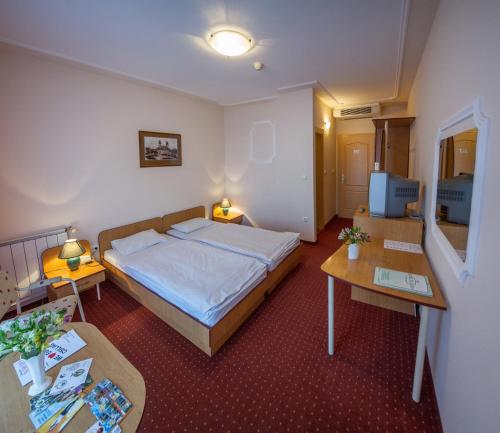 德布勒森普兰滕酒店的酒店客房配有一张床铺和一张桌子。