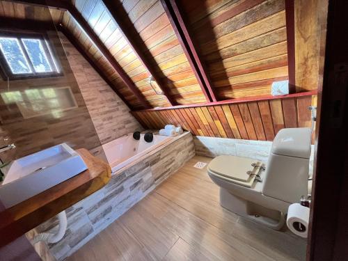 坎波斯杜若尔当Villa Vintage Campos - Piscina e opções de suites com hidromassagem的浴室配有卫生间、盥洗盆和浴缸。