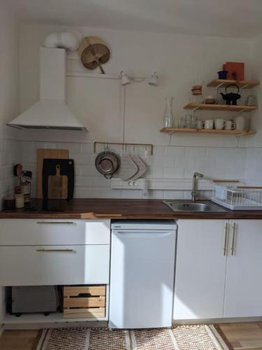 珀尔瓦Õdus korter roheluses - A cozy apartment in a greenery - contactless check-in的厨房配有白色橱柜和水槽