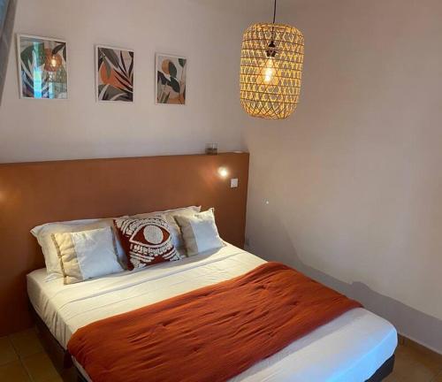 圣弗朗索瓦Appartement cosy & calme en Rez de villa的一间卧室配有一张床和一个吊灯