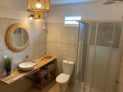 圣弗朗索瓦Appartement cosy & calme en Rez de villa的一间带卫生间、水槽和镜子的浴室