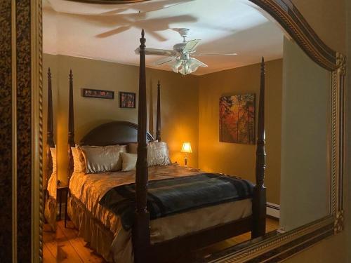 East LaHaveToba's Bed & Breakfast的一间卧室配有一张带吊扇和镜子的床