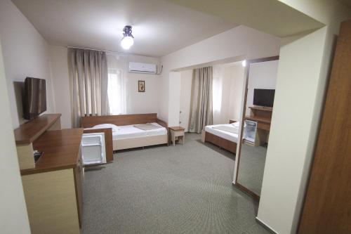 斯勒尼克Teju Hotels的酒店客房,配有床和镜子
