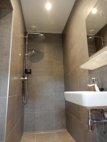圣尼古拉斯哈Recreatieappartement BoerdeRijlst - De Winkel的带淋浴和盥洗盆的浴室