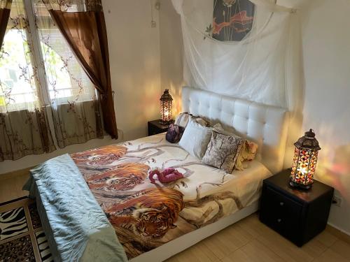 拉戈莱特Panorama Villa的卧室内的一张床位,配有两张台灯