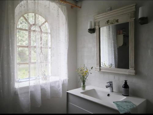 莱斯Landlig idyl på Dommergården Bed and Coffee的一间带水槽和窗户的浴室