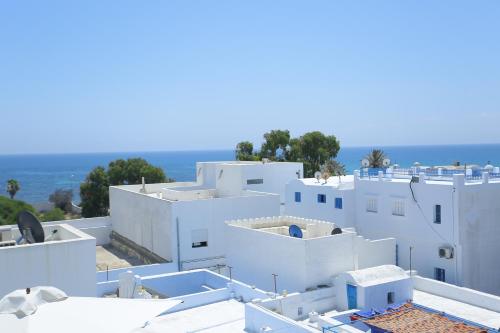 哈马马特Dar Hammamet Guest House & Hammam的一组以海洋为背景的白色建筑