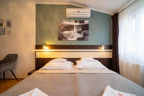 哈卡尼A16 Design Panzió的一间卧室配有带2个枕头的床