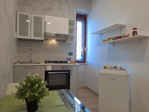 那不勒斯Civico85的厨房配有白色橱柜和植物桌子