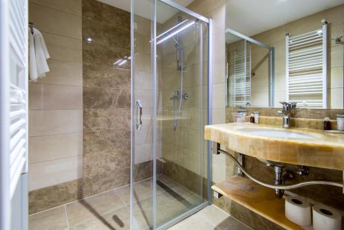 内乌姆Grand Hotel Neum Wellness & Spa的一间带玻璃淋浴和水槽的浴室