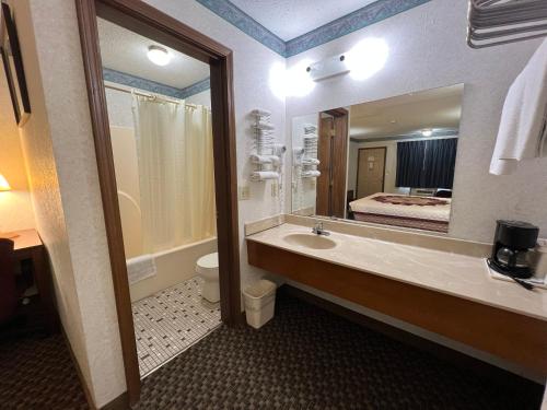 巴兹敦Americas Inn Bardstown的一间带水槽、卫生间和镜子的浴室