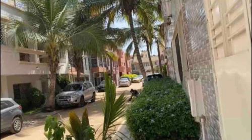 达喀尔Appartement Luxe idéalement situé à Dakar的一条有汽车停放在棕榈树建筑旁边的街道