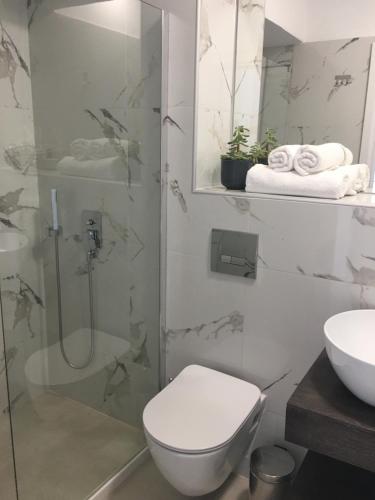 克拉法吉亚Blue View Suites的浴室配有卫生间、淋浴和盥洗盆。