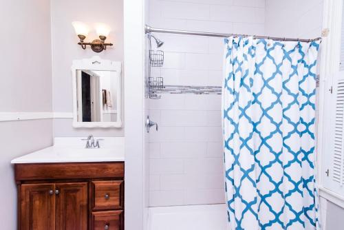安纳波利斯Downtown Annapolis King George 1st Floor Hideaway的浴室配有淋浴帘和盥洗盆。