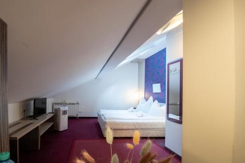 萨尔茨堡AMADEA - Cityhotel Salzburg的一间酒店客房,配有一张床和一台电视