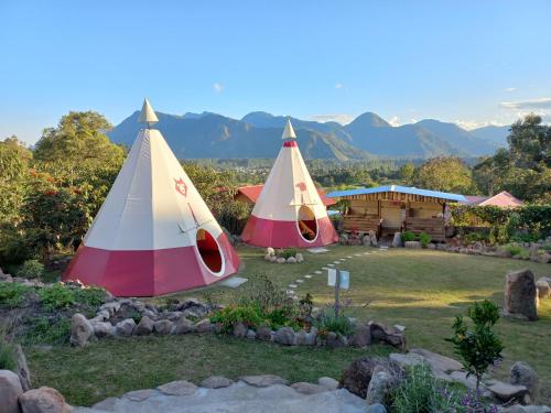 奥克萨潘帕Biosfera Lodge tipi para 3 personas的两把遮阳伞,放在一个有房子的院子内