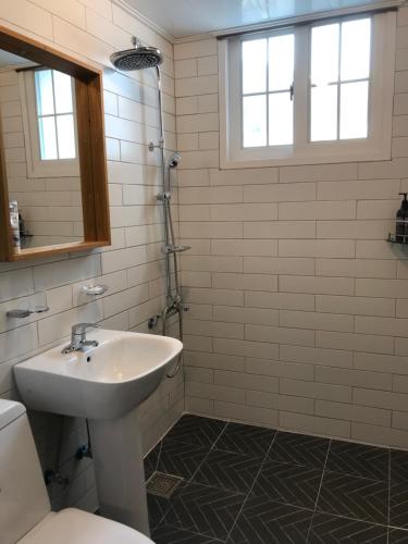 丽水市Grim Garden Guesthouse的一间带水槽和卫生间的浴室以及窗户。