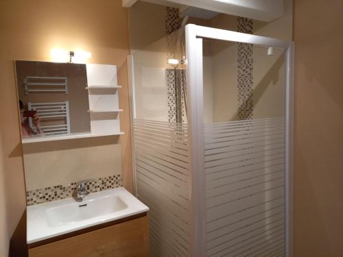 斯图蒙Le Clos du Cerf - La Renardière的白色的浴室设有水槽和淋浴。