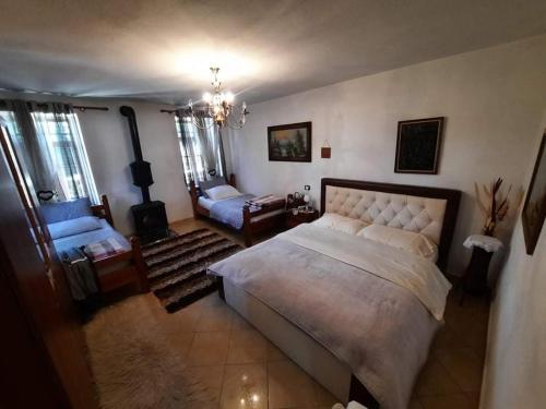 戈里察Vila Korchari Dardhe的一间卧室配有一张大床和一张沙发