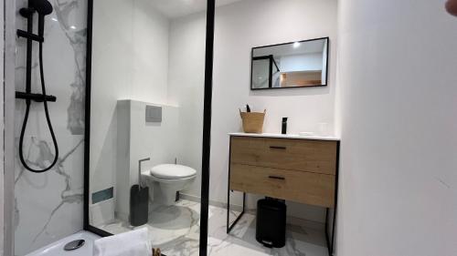 居让梅斯特拉Home Place Apartments - Gujan Arcachon的一间带卫生间、水槽和镜子的浴室