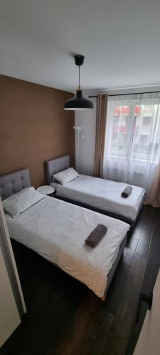 克拉科夫Green Apartments Kraków的两张床位于带窗户的房间内