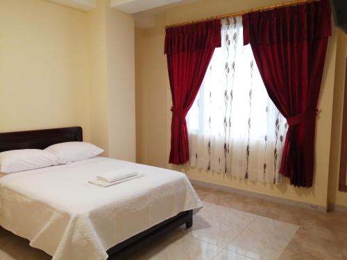 弗朗西斯科德奥雷利亚纳港Hotel Torre Orquídea的一间卧室配有床和红色窗帘的窗户