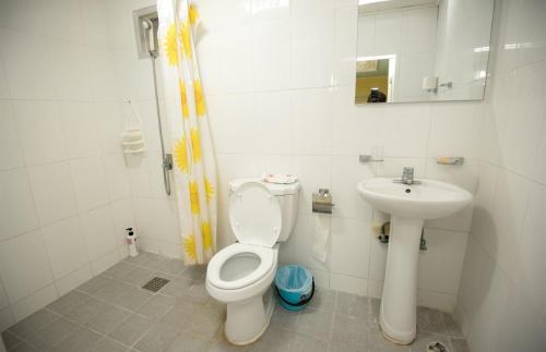 加拉班Daora guesthouse的白色的浴室设有卫生间和水槽。