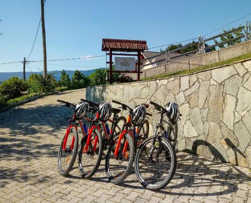 布莱德Apartment Valy - big terrace & free bikes的停在石墙旁边的一群自行车