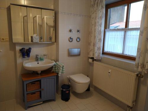 马夸特施泰因Ferienwohnung Achental的一间带水槽和卫生间的浴室以及窗户。