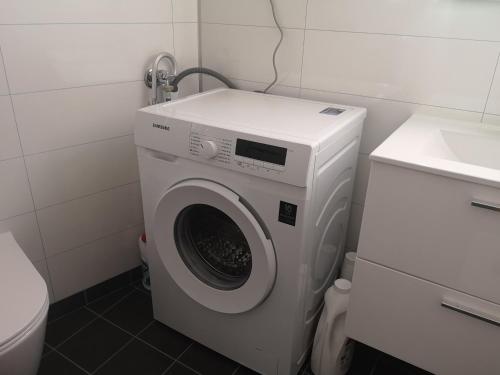 哈尔登New 2 bed room apartment in Halden的卫生间旁的浴室内配有洗衣机。