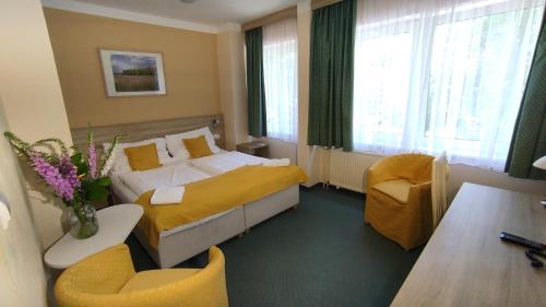 索科洛夫索科洛夫公园酒店的酒店客房带一张床、一张桌子和椅子