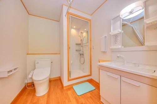 富士吉田市赤富士亭的浴室配有卫生间、盥洗盆和淋浴。