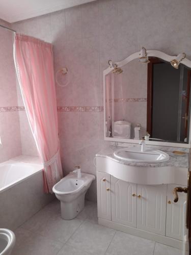 Piso en Montillana的一间带水槽、卫生间和镜子的浴室