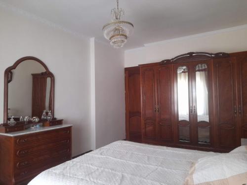 Piso en Montillana的一间卧室配有一张床、梳妆台和镜子