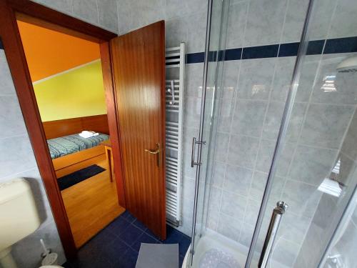 瓦拉日丁Craft Beer Bar Rooms的带淋浴和步入式淋浴间的浴室位于后门。