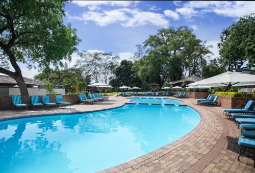 雾观Sabi River Sun Resort的度假村的游泳池配有椅子和遮阳伞