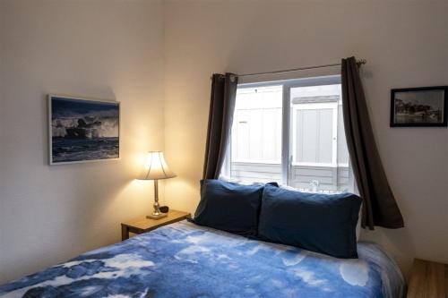布拉格堡H - San Juan的一间卧室设有蓝色的床和窗户。