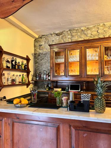萨拉尔杜Hostel Baqueira - Refugi Rosta - PyrenMuseu的厨房配有木制橱柜和带 ⁇ 萝的台面。